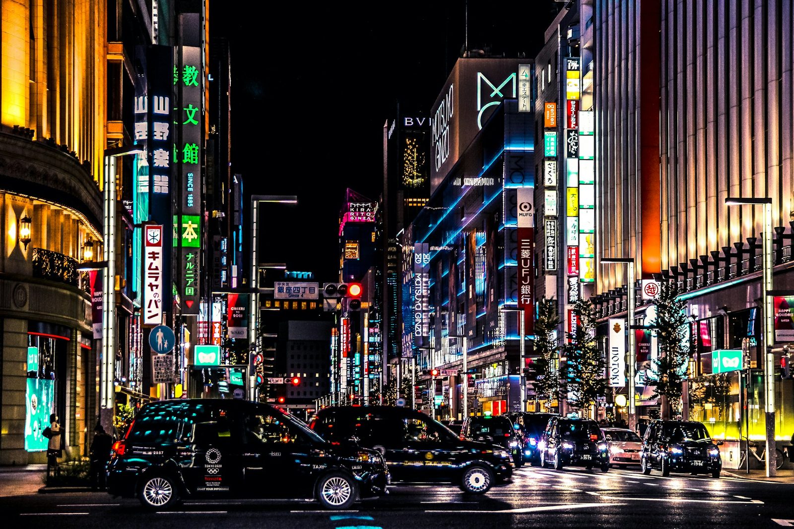 Ginza streets glowing at night with boutique signs, Tokyo