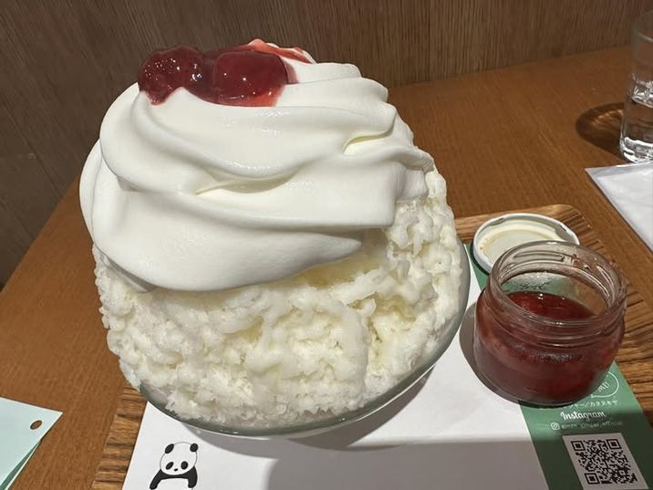 Strawberry and camembert rare cheese kakigori with condensed milk espuma at Ginza no Ginger, Tokyo