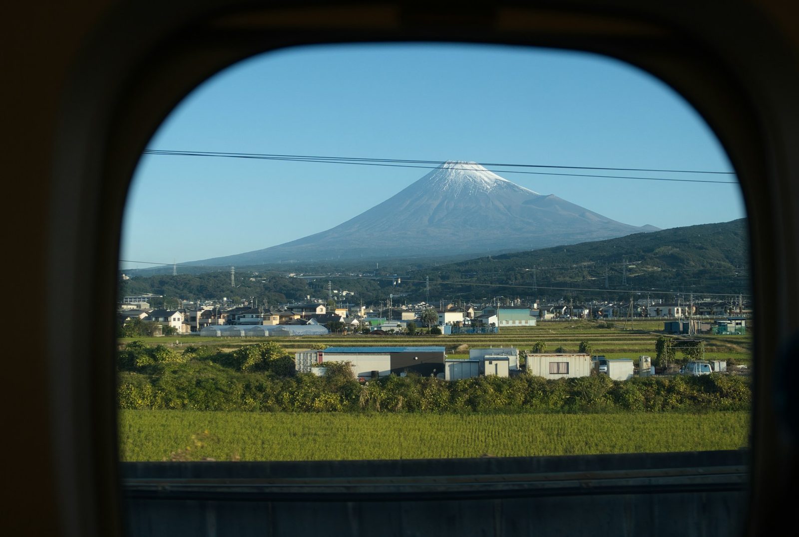 Mount Fuji seen from a Shinkansen train window