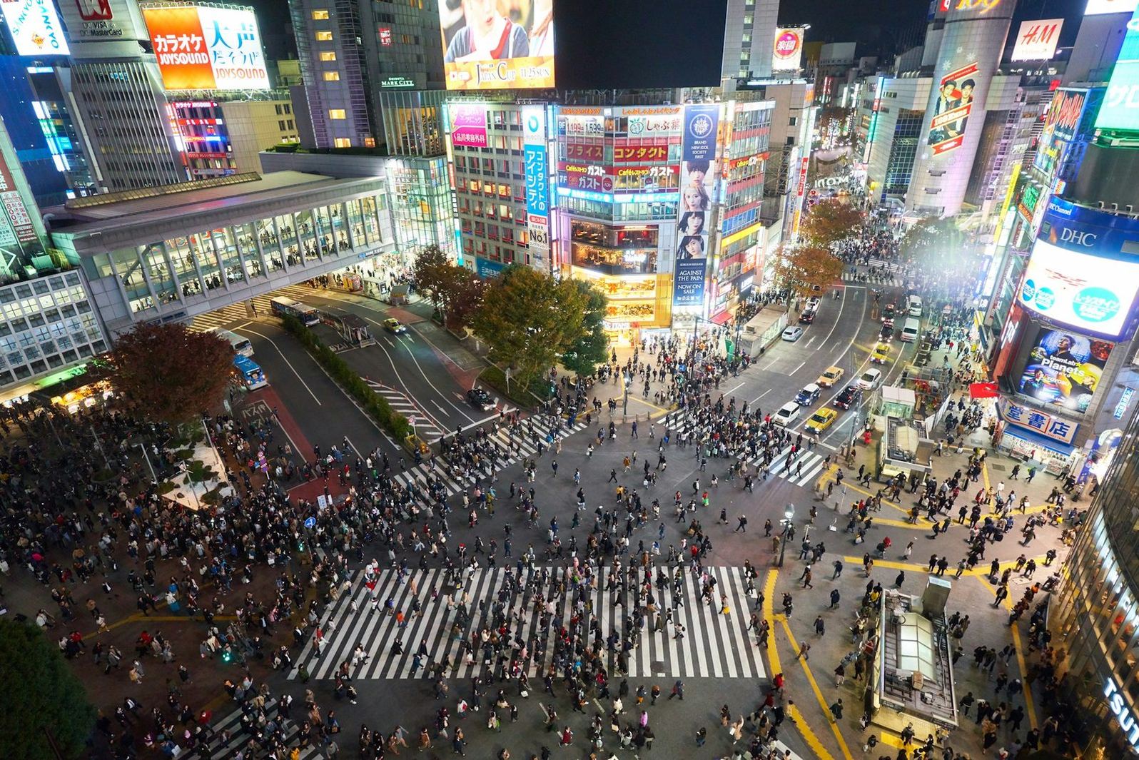 Shibuya scramble crossing in Tokyo seen from above with crowds crossing at night