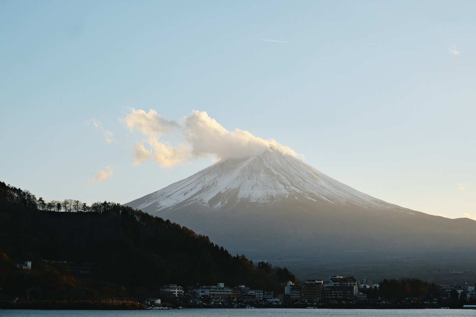 Snow-capped Mount Fuji seen across Lake Kawaguchiko